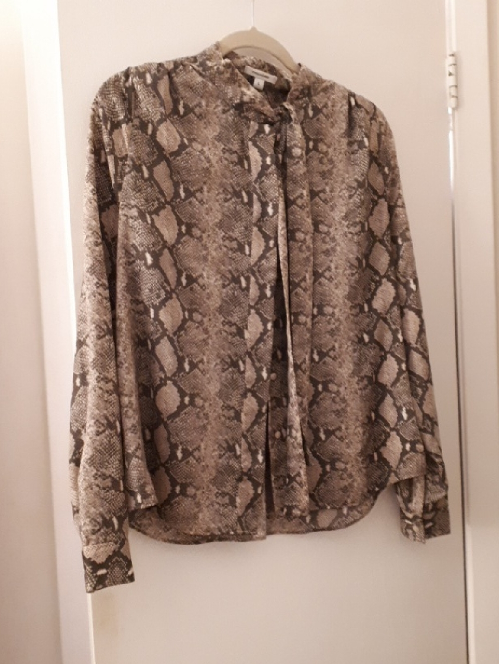 Stella & Dot Taupe and Brown Snake-Print Tie-Neck Blouse